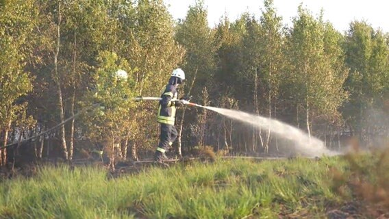 Einsatzkräfte der Feuerwehr löschen eine brennende Moorfläche. © Nord-West-Media TV 