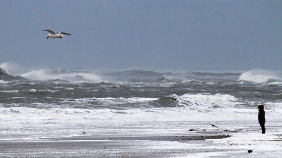 Eine Person steht am Strand und schaut auf die aufgewühlte Nordsee. © picture alliance Foto: Volker Bartels