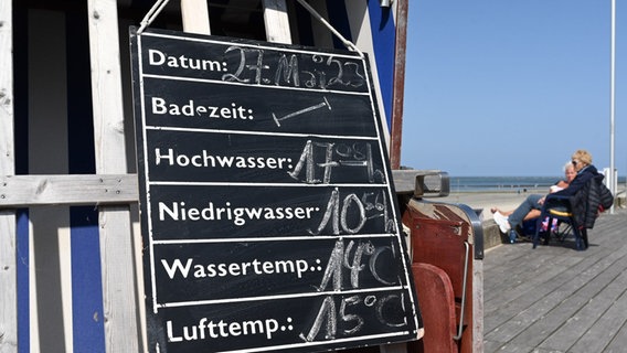 Eine Wettertafel zeigt an einem Strand von Norderney die aktuellen Temperaturen und Wasserstände. © picture alliance/dpa | Lars Klemmer Foto: Lars Penning (klemmer)