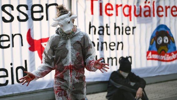 Eine Aktivisten hat ihren Anzug mit einer blutähnlichen Farbe beschmiert und eine Kuhmaske aufgesetzt. © Lars Klemmer/dpa Foto: Lars Klemmer
