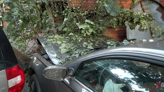 Ein beschädigtes Auto steht nach einem Unfall in Sandhatten an einer Hauswand. © Nord-West-Media TV 