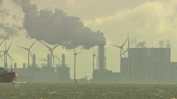 Am Ufer stehen Windräder und Fabriken. © NDR 