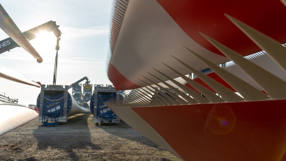 Rotorblätter von Windkrafträdern stehen auf einem Gelände. © BlueWatwrBREB-ELBREKLAME 