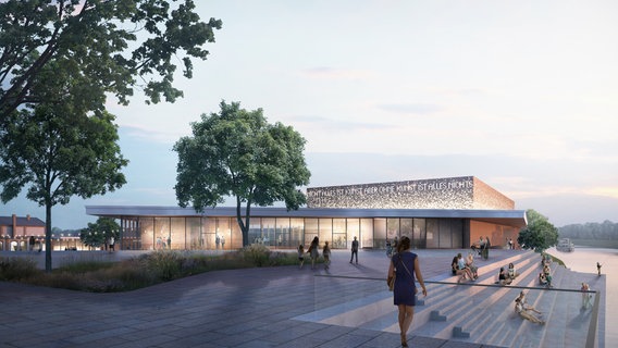 Ein Entwurf den einen Neubau der Stadthalle mit hellen Glasfronten und Flachdach. © pbr Planungsbüro Rohling AG 