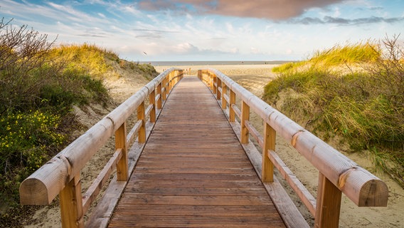 Eine Holzbrücke führt zum Strand in Norddeich. © Tourismus-Service Norden-Norddeich 