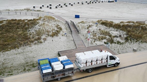 17 Strandkörbe werden per Lieferwagen und Anhänger zum Strand von Norddeich gebracht. © picture alliance/dpa | Lars Klemmer Foto: Lars Klemmer
