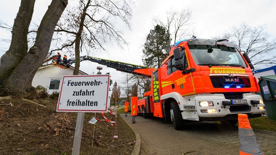 Bad Bevensen: Einsatzkräfte der Freiwilligen Feuerwehr beseitigen über eine Drehleiter einen Baum, der auf einem Gebäude liegt. © dpa Foto: Philipp Schulze