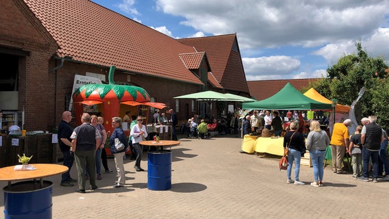 Menschen besuchen beim Tag des offenen Hofes den Erdbeerhof Eggelmann in Gelldorf im Schaumburger Land. © NDR Foto: Wilhelm Purk