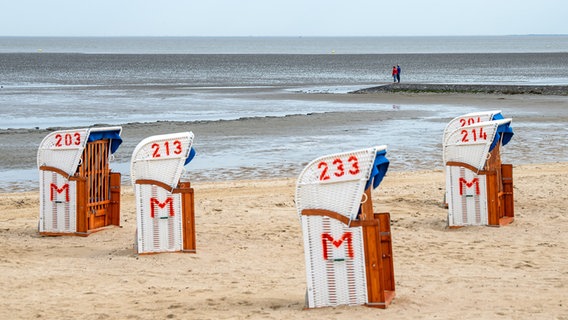 Am Strand von Cuxhaven sind Spaziergänger unterwegs. © picture alliance/dpa/Sina Schuldt Foto: Sina Schuldt