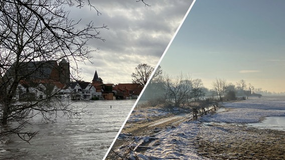 Eine Bildkombo zeigt Verden während und nach dem Hochwasser der Aller. © NDR 