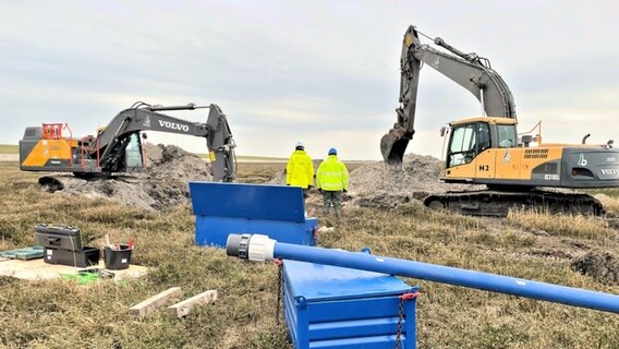 Um einen Defekt in der Trinkwasserleitung zwischen der Insel Wangerooge und dem Festland zu reparieren, setzte der OOWV zwei Bagger ein. © Oldenburgisch-Ostfriesischer Wasserverband Foto: Sonia Voigt