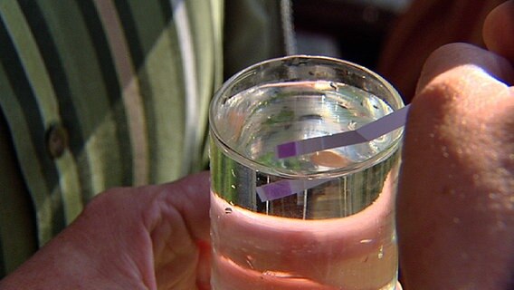 Ein Messstreifen wird in ein Glas Wasser gehalten.  