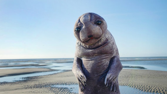 Ein Mensch in einem Robbenkostüm im Wattenmeer © win win Film 
