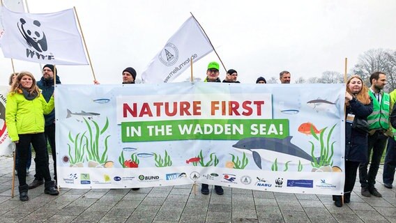 Demonstrierende fordern im Rahmen der Wattenmeerkonferenz mit Fahnen und einem Transparent mehr Naturschutz. © NDR Foto: Jutta Przygoda