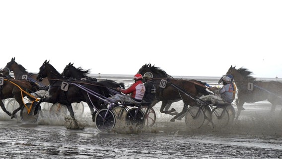 Cuxhaven: Teilnehmer und Teilnehmerinnen des Trabrennens sind in Aktion vor dem Strand von Duhnen. © dpa-Bildfunk Foto: Jörn Hüneke