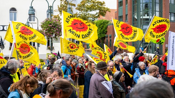 Atomkraftgegnerinnen und -gegner mit gelben Fahnen "Atomkraft? Nein danke". © David Inderlied/dpa Foto: David Inderlied/dpa