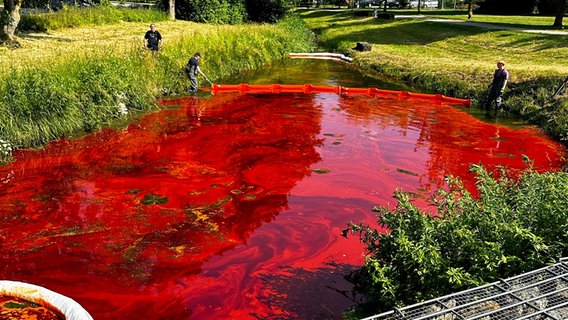 Der Icker Bach in Belm ist rot gefärbt. © Feuerwehr Belm 