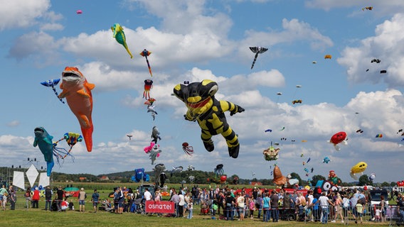 eine Menschenmenge und am Himmel zahlreiche bunte Drachen beim Drachenfest in Melle 2023 © dpa Bildfunk Foto: Friso Gentsch