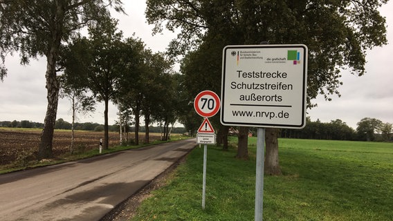 An einer Landstraße steht ein Schild mit der Aufschrift "Teststrecke. Schutzstreifen außerorts". © NDR Foto: Hedwig Ahrens