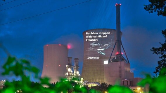 Auf den Kühlturm des RWE-Kraftwerks in Lingen ist das Bild einer Walkuh mit einem neugeborenen Kalb und der Text "Raubbau stoppen - Wale schützen #RWEXIT Greenpeace" projeziert. © Greenpeace Foto: Marcus Meyer