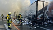 Feuerwehr bei Löscharbeiten an einem brennenden Lkw-Auflieger bei Melle (Landkreis Osnabrück). © NWM 