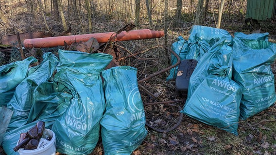 Blaue Müllsäcke liegen in einem Waldstück. © AWIGO Abfallwirtschaft Landkreis Osnabrück GmbH 