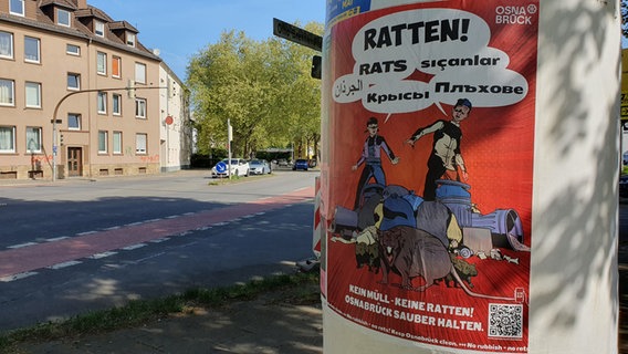 Ein Plakat, das auf die Rattenplage aufmerksam machen soll, hängt an einer Litfaßsäule in Osnabrück. © NDR Foto: Susanne Schäfer