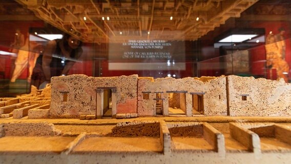 Eine Frau schaut sich eine Miniatur-Nachbildung der Ruinen von Pompeji an. © dpa Foto: Friso Gentsch