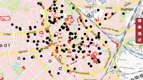 Ein Stadtplan mit schwarzen Punkten darauf. © Stadt Osnabrück 