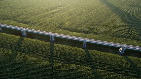 Die Luftaufnahme einer Drohne zeigt einen Abschnitt der Transrapidstrecke. © dpa-Bildfunk Foto: Friso Gentsch