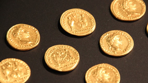 Acht Goldmünzen liegen auf einem schwarzen Tuch zur Präsentation. © NDR Foto: Josephine Lütke