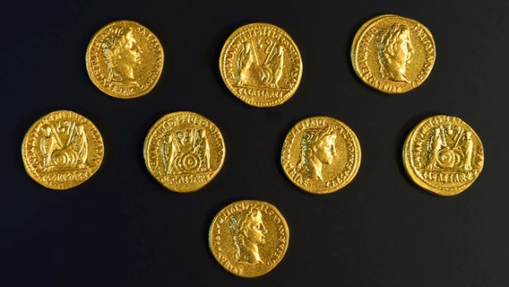 Acht Goldmünzen liegen auf einem schwarzen Tuch zur Präsentation. © NDR Foto: Josephine Lütke