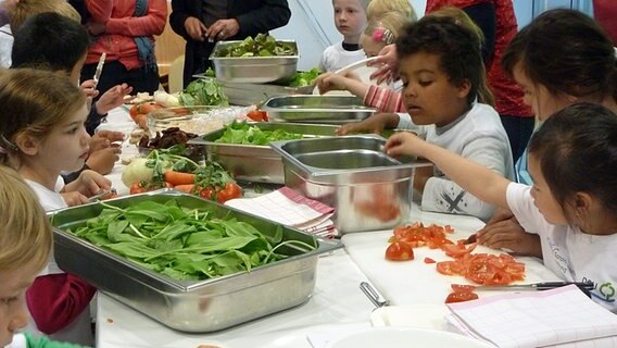 Kinder schneiden im Casino der Deutschen Bundesstiftung Umwelt (DBU) Gemüse für einen Salat. © ONLINE NDS Foto: Kerstin Staben
