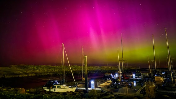 Polarlichter am Himmel über dem Hafen von Bensersiel. © NDR Foto: Thomas Hayen