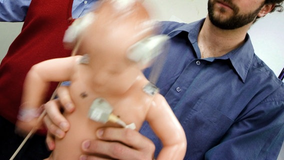 Anhand einer Puppe, die einen sechs Wochen alten Säugling darstellt, wird simuliert, was im Gehirn passiert, wenn ein Baby geschüttelt wird. © picture-alliance/ dpa/dpaweb Foto: AAP Chris Stacey