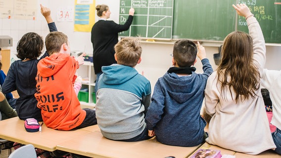 Schüler melden sich während eine Lehrerin etwas an die Tafel schreibt. © NDR Foto: Julius Matuschik