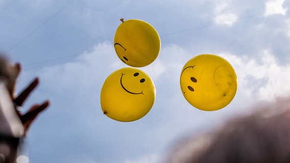 Mit Smileys bedruckte Luftballons fliegen am Himmel. © picture alliance/ZUMAPRESS.com | Milo Hess Foto: Milo Hess