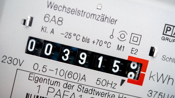 Ein Wechselstromzähler zeigt den aktuellen Zählerstand in Kilowattstunden in einem Haushalt an © picture alliance/dpa Foto: Hauke-Christian Dittrich