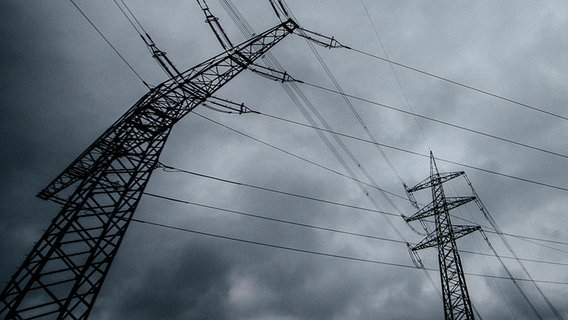 Drei Strommasten stehen unter einem wolkenverhangenen Himmel. © NDR Foto: Julius Matuschik