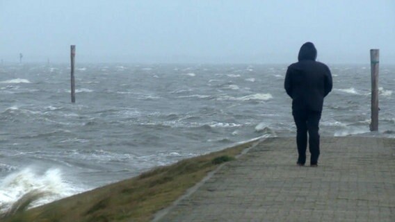 Eine Person spaziert bei stürmischen Wetter an der Nordseeküste. © NDR 