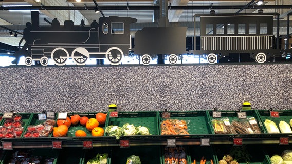 In einen Supermarkt sind Eisenbahn-Elemente integriert. © NDR Foto: Henning Orth