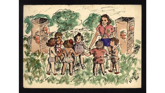 Eine Kindermalerei zeigt eine Frau mit Kindern an der Hand im Kreis angeordnet. © Studienkreis Deutscher Widerstand 1933-1945 