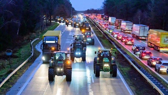 Landwirte fahren mit ihren Treckern auf der Autobahn 7 zwischen Soltau und Hannover. © dpa Foto: Philipp Schulze