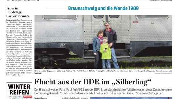Ein Zeitungsartikel berichtet über eine Familie, die aus der DDR geflohen ist. © NDR Foto: Peter Paul