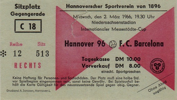 Eintrittskarte Hannover 96 - FC Barcelona / Messestädte-Cup (Kai Marc Ortgies) © NDR 