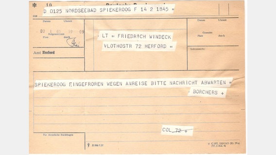 Telegramm Spiekeroog eingefroren (Friedrich Windeck) © NDR 