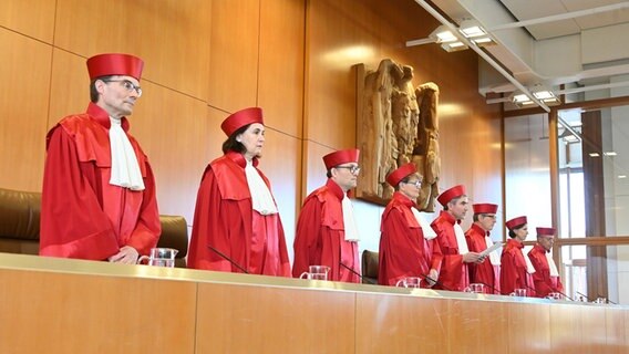 Die Mitglieder des ersten Senats des Bundesverfassungsgerichts in Karlsruhe, Henning Radtke (v-l), Yvonne Ott, Andreas L. Paulus, Susanne Baer, Stephan Harbarth, Vorsitzender des Senats, Johannes Masing, Gabriele Britz und Josef Christ stehen hinter der Richterbank. © dpa - Bildfunk Foto: Uli Deck