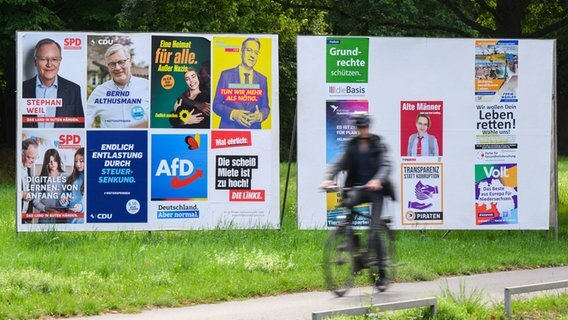 Ein Fahrradfahrer passiert in Hannover Wahlplakate von vielen verschiedenen Parteien. © dpa-Bildfunk Foto: Julian Stratenschulte