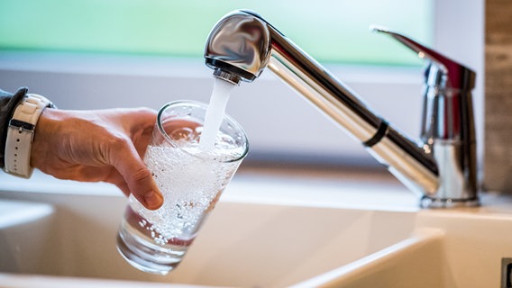 Wasser sprudelt aus einem Wasserhahn  in ein Glas. © picture alliance/Kirchner-Media 