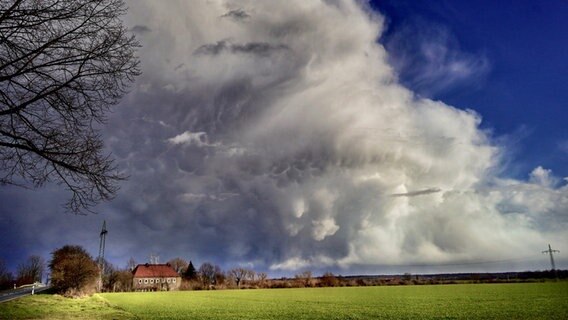 Das Bild zeigt ein abziehenden Graupelschauer über Wolfsburg mit Mammatuswolken. © NDR Foto: Alexandra Zimmermann